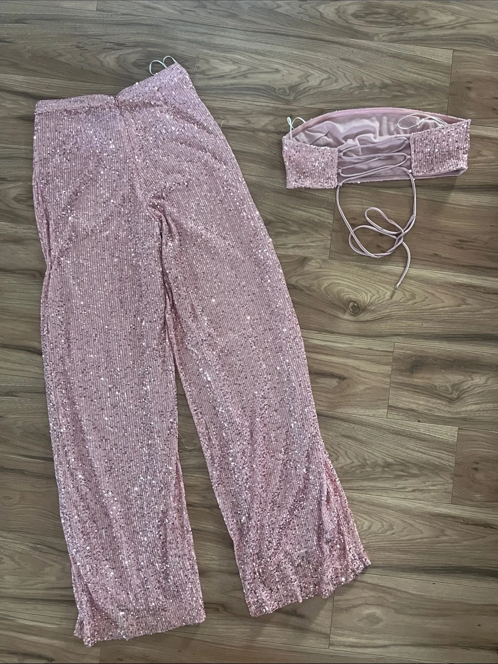 Hello Molly Pink Sequin Bandeau & Wide-Leg Pant Set